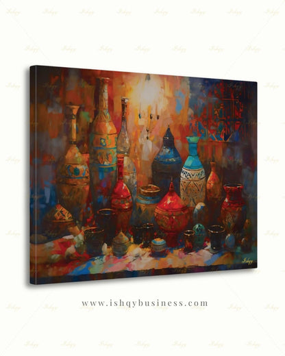 Oversized Moroccan Canvas Wall Art, Pottery Still Life Framed Canvas Print, Extra Large Terracotta Ceramic Vases Painting, Above Bed Decor
