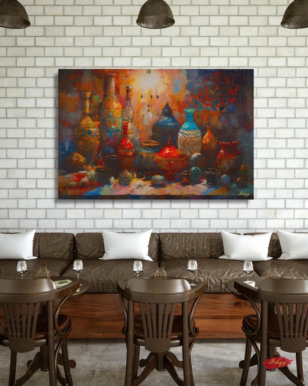 Oversized Moroccan Canvas Wall Art, Pottery Still Life Framed Canvas Print, Extra Large Terracotta Ceramic Vases Painting, Above Bed Decor