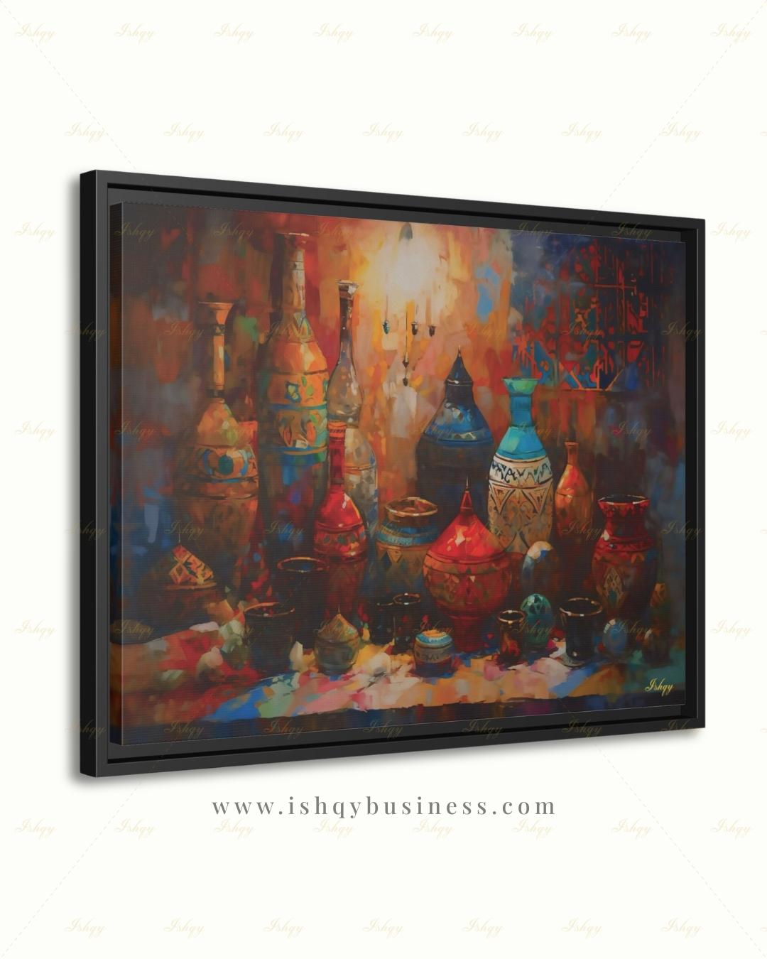 Oversized Moroccan Canvas Wall Art, Pottery Still Life Framed Canvas Print, Extra Large Terracotta Ceramic Vases Painting, Above Bed Decor