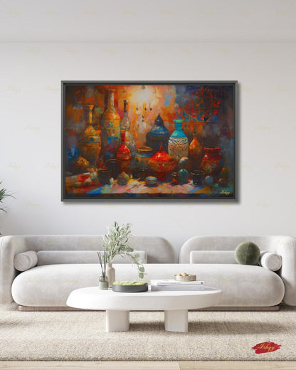 Oversized Moroccan Canvas Wall Art, Pottery Still Life Framed Canvas Print, Extra Large Terracotta Ceramic Vases Painting, Above Bed Decor