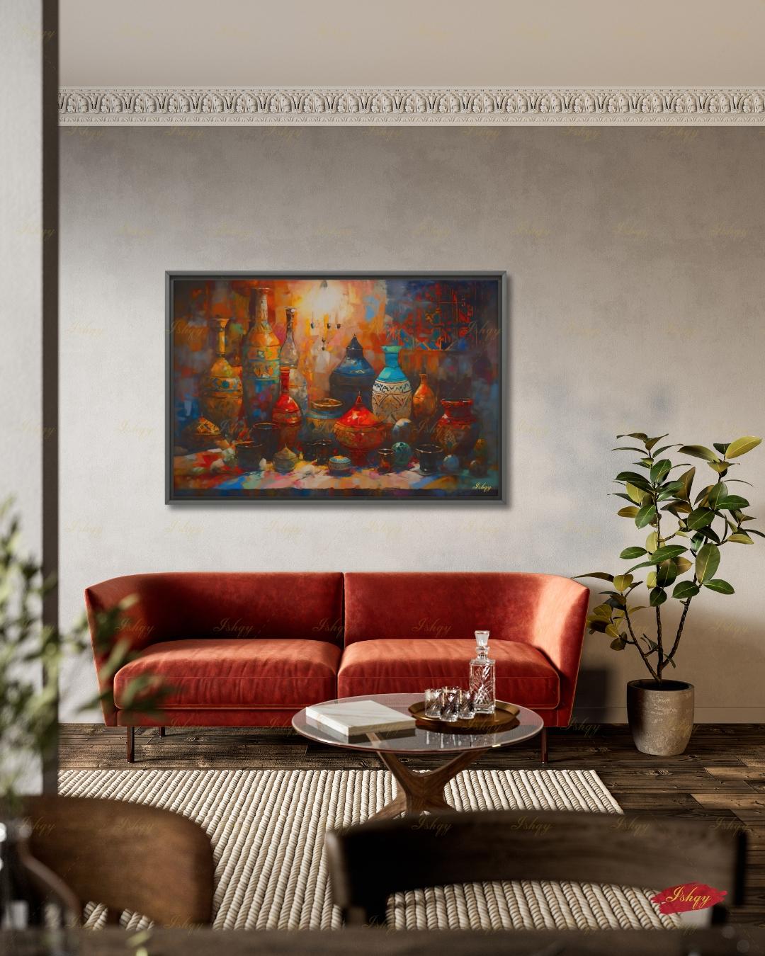 Oversized Moroccan Canvas Wall Art, Pottery Still Life Framed Canvas Print, Extra Large Terracotta Ceramic Vases Painting, Above Bed Decor