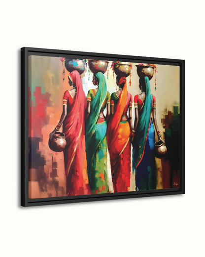 Rajasthani Women Wall Art, Indian Village Ladies Canvas Painting, Colorful Saree Artwork, Cultural Boho Home Decor for Living Room
