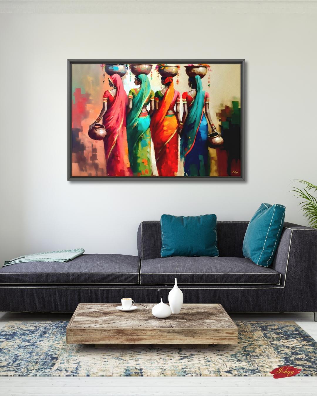 Rajasthani Women Wall Art, Indian Village Ladies Canvas Painting, Colorful Saree Artwork, Cultural Boho Home Decor for Living Room