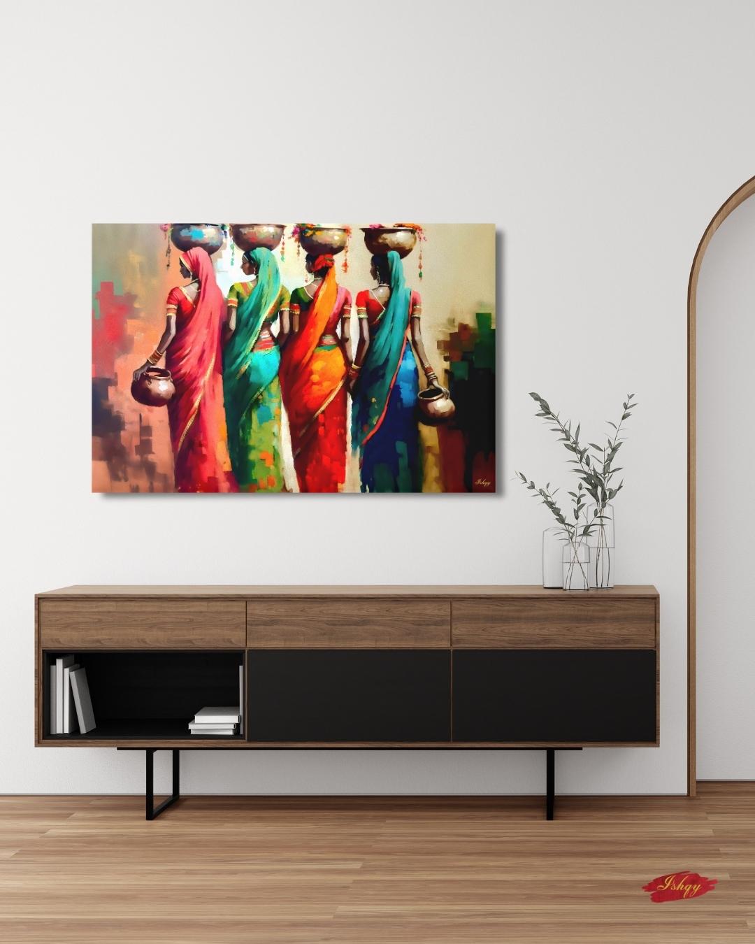 Rajasthani Women Wall Art, Indian Village Ladies Canvas Painting, Colorful Saree Artwork, Cultural Boho Home Decor for Living Room