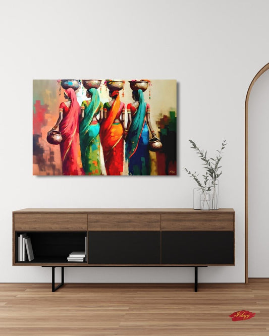 Rajasthani Women Wall Art, Indian Village Ladies Canvas Painting, Colorful Saree Artwork, Cultural Boho Home Decor for Living Room