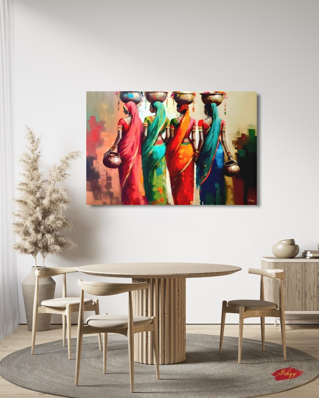 Rajasthani Women Wall Art, Indian Village Ladies Canvas Painting, Colorful Saree Artwork, Cultural Boho Home Decor for Living Room