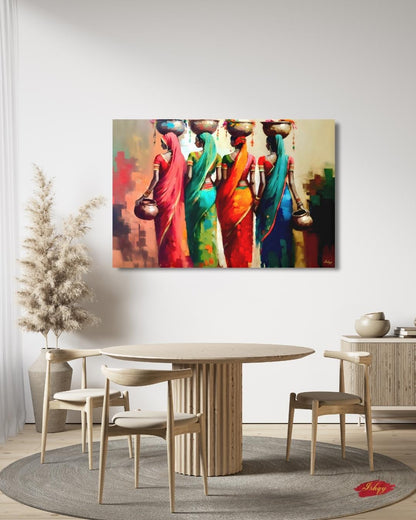 Rajasthani Women Wall Art, Indian Village Ladies Canvas Painting, Colorful Saree Artwork, Cultural Boho Home Decor for Living Room