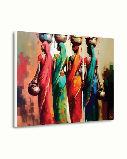 Rajasthani Women Wall Art, Indian Village Ladies Canvas Painting, Colorful Saree Artwork, Cultural Boho Home Decor for Living Room