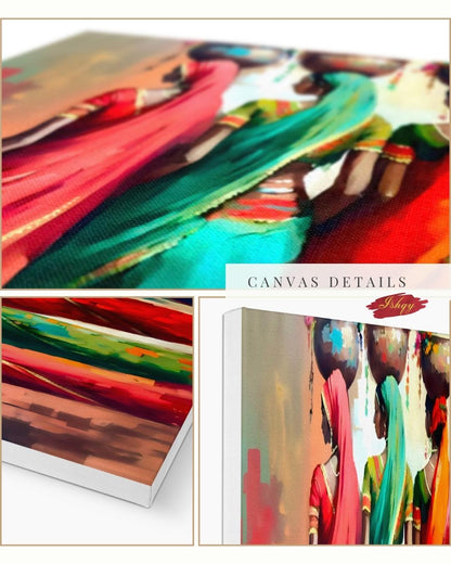 Rajasthani Women Wall Art, Indian Village Ladies Canvas Painting, Colorful Saree Artwork, Cultural Boho Home Decor for Living Room