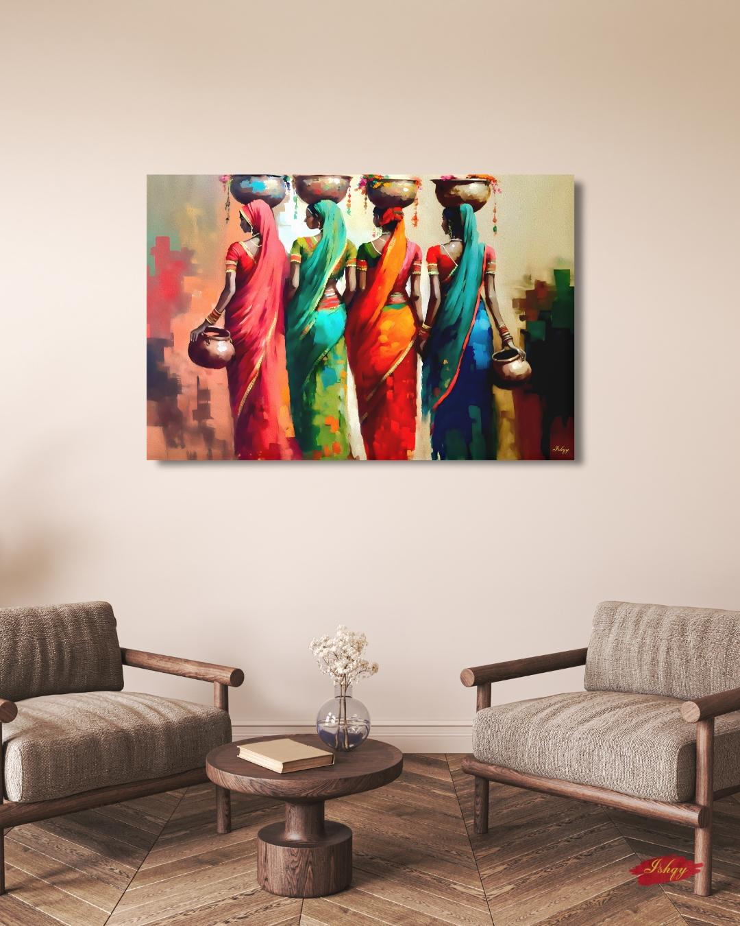 Rajasthani Women Wall Art, Indian Village Ladies Canvas Painting, Colorful Saree Artwork, Cultural Boho Home Decor for Living Room