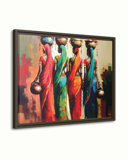 Rajasthani Women Wall Art, Indian Village Ladies Canvas Painting, Colorful Saree Artwork, Cultural Boho Home Decor for Living Room