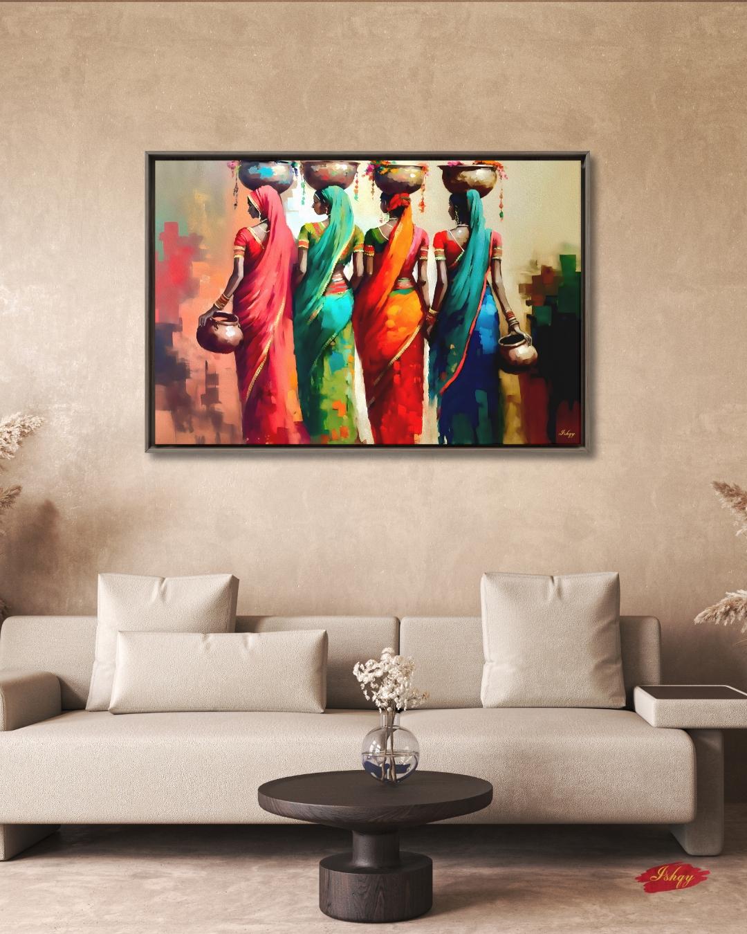Rajasthani Women Wall Art, Indian Village Ladies Canvas Painting, Colorful Saree Artwork, Cultural Boho Home Decor for Living Room