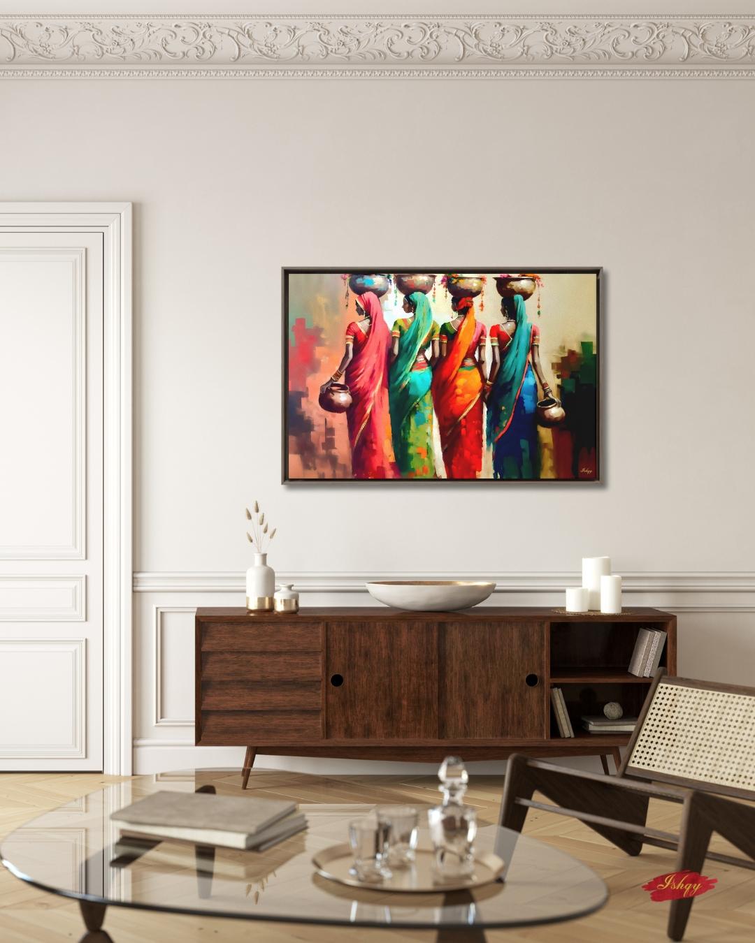 Rajasthani Women Wall Art, Indian Village Ladies Canvas Painting, Colorful Saree Artwork, Cultural Boho Home Decor for Living Room