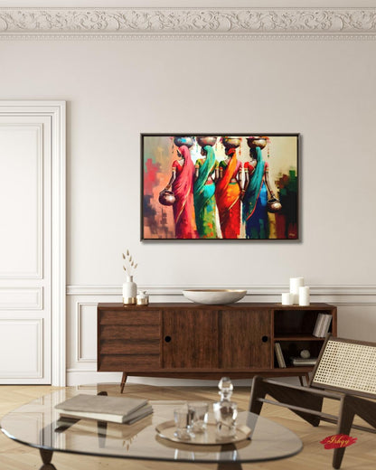 Rajasthani Women Wall Art, Indian Village Ladies Canvas Painting, Colorful Saree Artwork, Cultural Boho Home Decor for Living Room