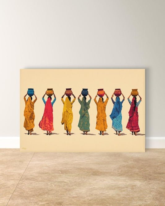Indian Women Art, Village Women Art, Water Pot Wall Art, Sari Dress Painting, Minimalist Art Print, Neutral Boho Decor, Canvas Wall Art, Framed Canvas, Fine Art Print, Modern Gallery Wall, Living Room Decor, Bedroom Wall Decor, Cultural Wall Art