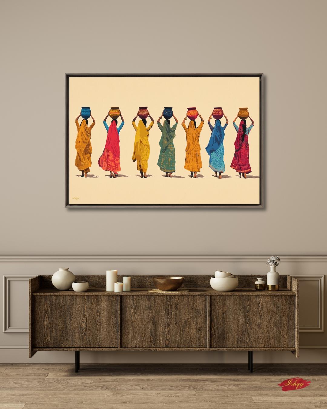 Indian Women Art, Village Women Art, Water Pot Wall Art, Sari Dress Painting, Minimalist Art Print, Neutral Boho Decor, Canvas Wall Art, Framed Canvas, Fine Art Print, Modern Gallery Wall, Living Room Decor, Bedroom Wall Decor, Cultural Wall Art