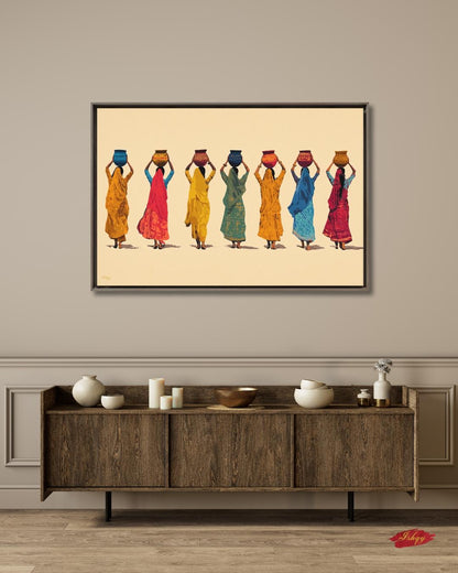 Indian Women Art, Village Women Art, Water Pot Wall Art, Sari Dress Painting, Minimalist Art Print, Neutral Boho Decor, Canvas Wall Art, Framed Canvas, Fine Art Print, Modern Gallery Wall, Living Room Decor, Bedroom Wall Decor, Cultural Wall Art