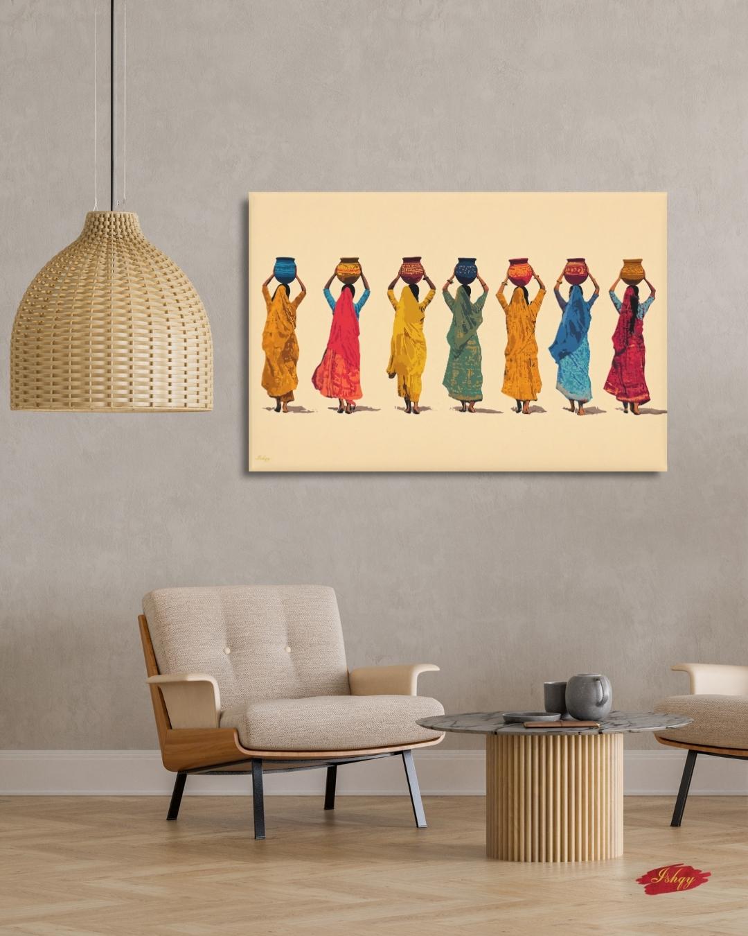 Indian Women Art, Village Women Art, Water Pot Wall Art, Sari Dress Painting, Minimalist Art Print, Neutral Boho Decor, Canvas Wall Art, Framed Canvas, Fine Art Print, Modern Gallery Wall, Living Room Decor, Bedroom Wall Decor, Cultural Wall Art