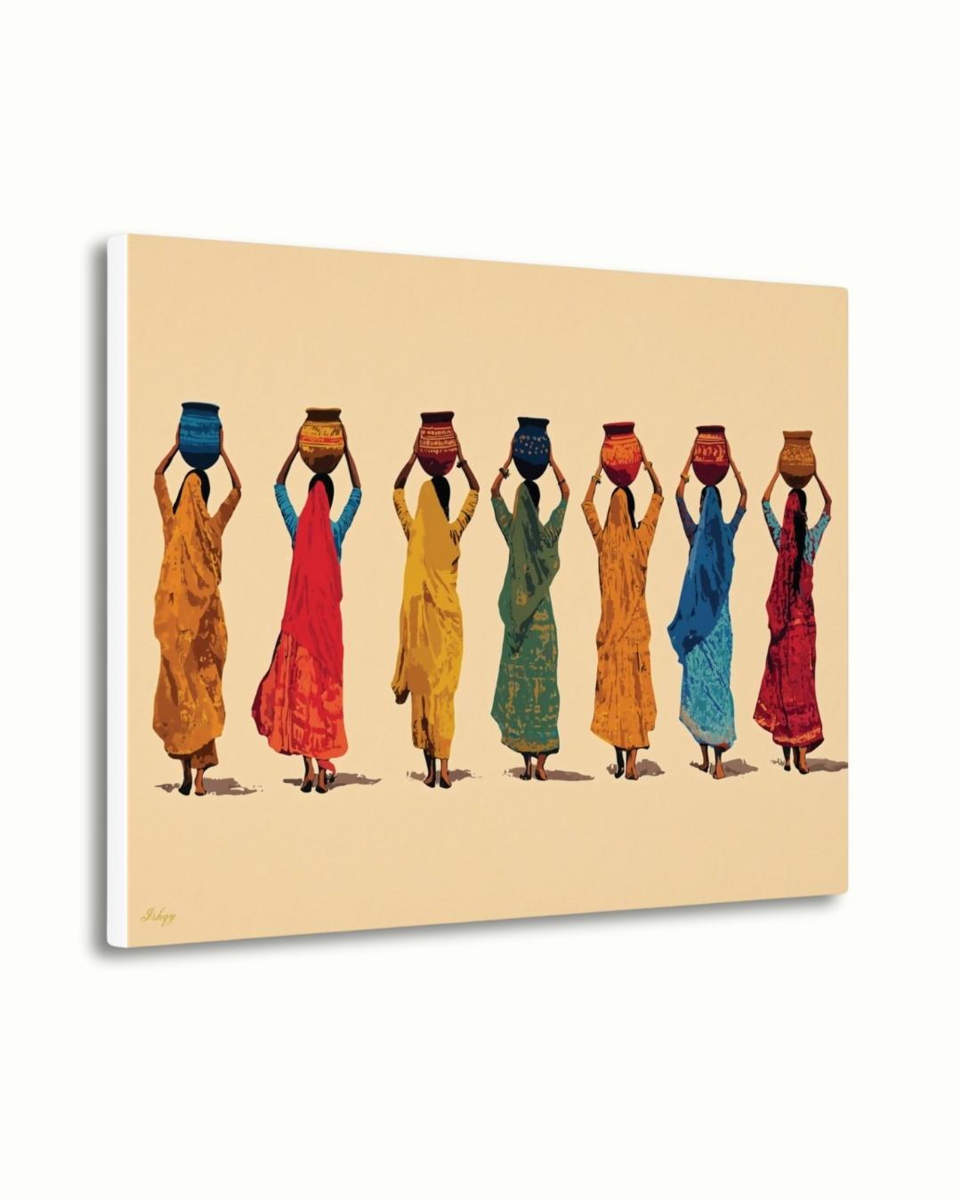 Indian Women Art, Village Women Art, Water Pot Wall Art, Sari Dress Painting, Minimalist Art Print, Neutral Boho Decor, Canvas Wall Art, Framed Canvas, Fine Art Print, Modern Gallery Wall, Living Room Decor, Bedroom Wall Decor, Cultural Wall Art