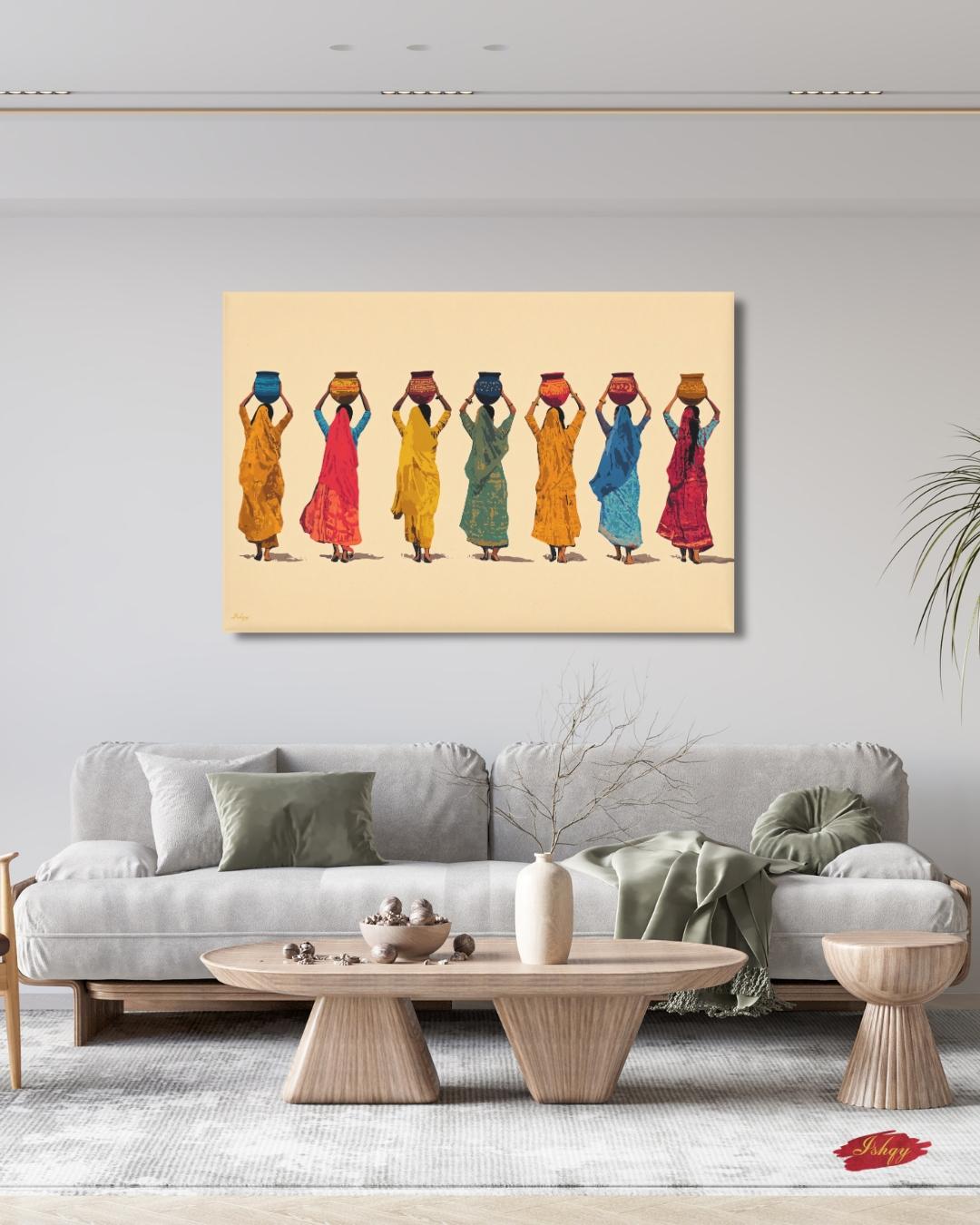 Indian Women Art, Village Women Art, Water Pot Wall Art, Sari Dress Painting, Minimalist Art Print, Neutral Boho Decor, Canvas Wall Art, Framed Canvas, Fine Art Print, Modern Gallery Wall, Living Room Decor, Bedroom Wall Decor, Cultural Wall Art