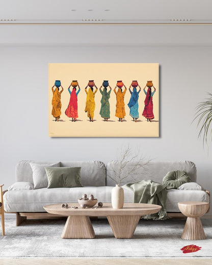 Indian Women Art, Village Women Art, Water Pot Wall Art, Sari Dress Painting, Minimalist Art Print, Neutral Boho Decor, Canvas Wall Art, Framed Canvas, Fine Art Print, Modern Gallery Wall, Living Room Decor, Bedroom Wall Decor, Cultural Wall Art