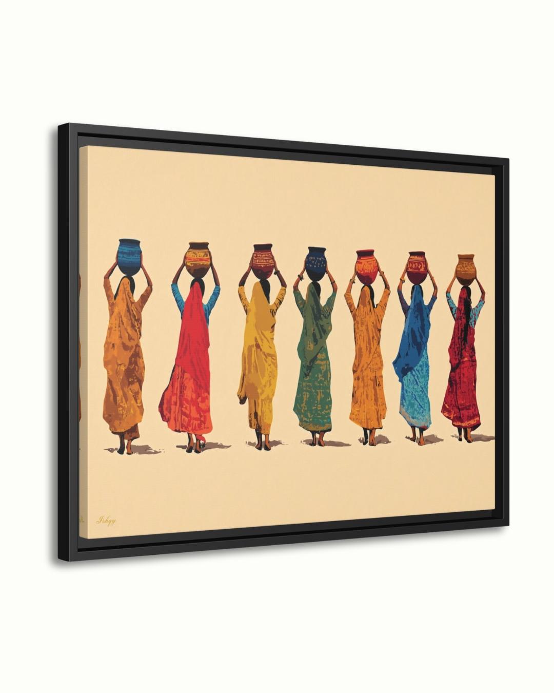 Indian Women Art, Village Women Art, Water Pot Wall Art, Sari Dress Painting, Minimalist Art Print, Neutral Boho Decor, Canvas Wall Art, Framed Canvas, Fine Art Print, Modern Gallery Wall, Living Room Decor, Bedroom Wall Decor, Cultural Wall Art