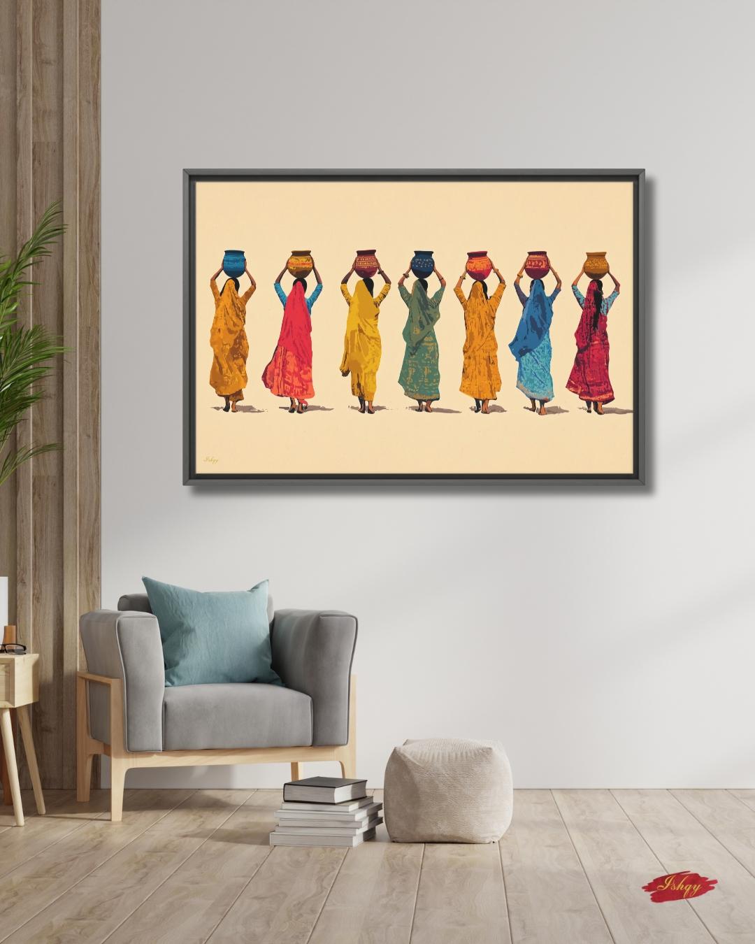 Indian Women Art, Village Women Art, Water Pot Wall Art, Sari Dress Painting, Minimalist Art Print, Neutral Boho Decor, Canvas Wall Art, Framed Canvas, Fine Art Print, Modern Gallery Wall, Living Room Decor, Bedroom Wall Decor, Cultural Wall Art