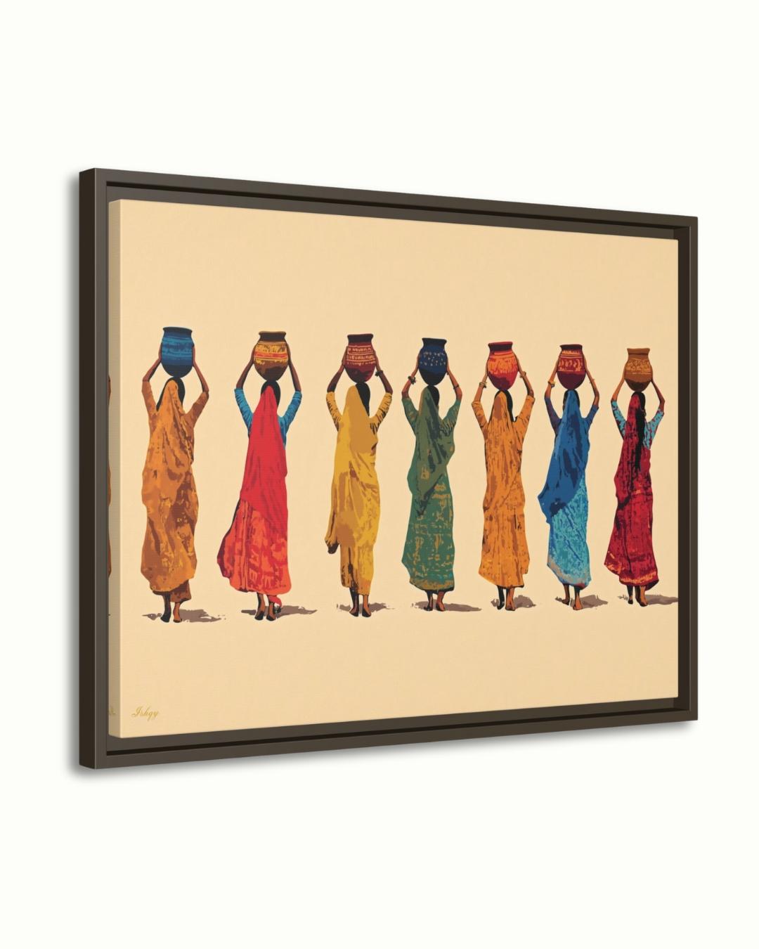 Indian Women Art, Village Women Art, Water Pot Wall Art, Sari Dress Painting, Minimalist Art Print, Neutral Boho Decor, Canvas Wall Art, Framed Canvas, Fine Art Print, Modern Gallery Wall, Living Room Decor, Bedroom Wall Decor, Cultural Wall Art