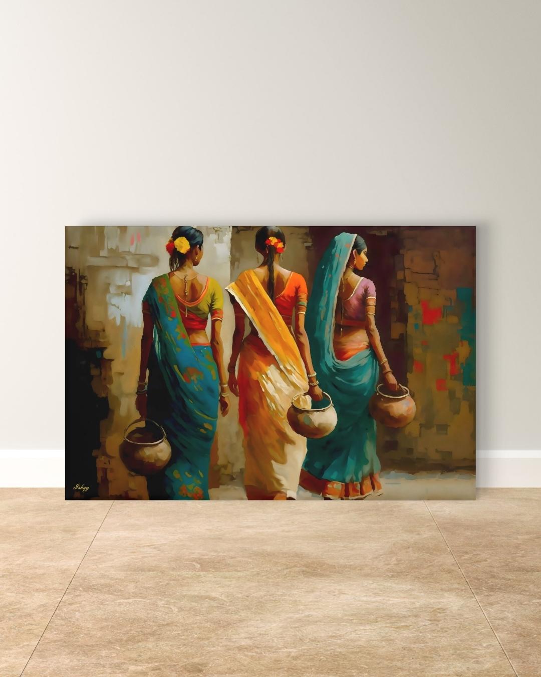 Indian Village Women Wall Art, Rural India Painting, Saree Women Canvas Art, Cultural Indian Home Decor, Traditional India Artwork
