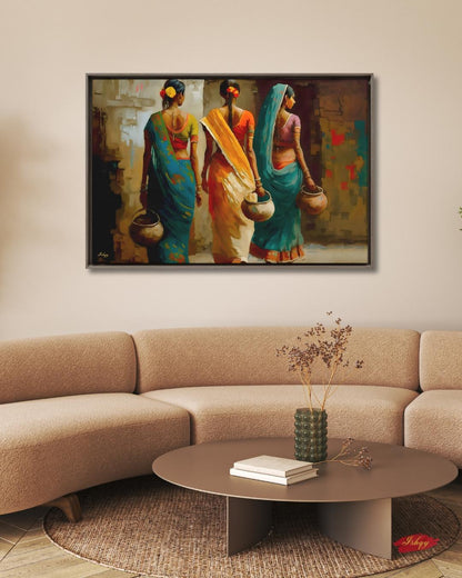 Indian Village Women Wall Art, Rural India Painting, Saree Women Canvas Art, Cultural Indian Home Decor, Traditional India Artwork