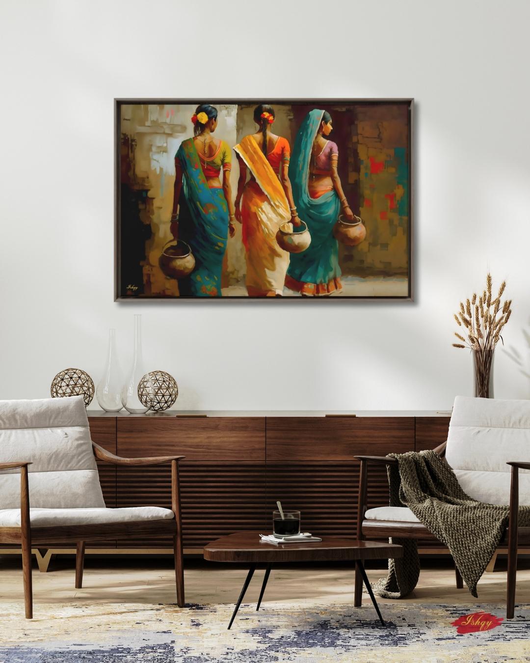 Indian Village Women Wall Art, Rural India Painting, Saree Women Canvas Art, Cultural Indian Home Decor, Traditional India Artwork