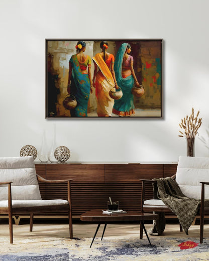 Indian Village Women Wall Art, Rural India Painting, Saree Women Canvas Art, Cultural Indian Home Decor, Traditional India Artwork