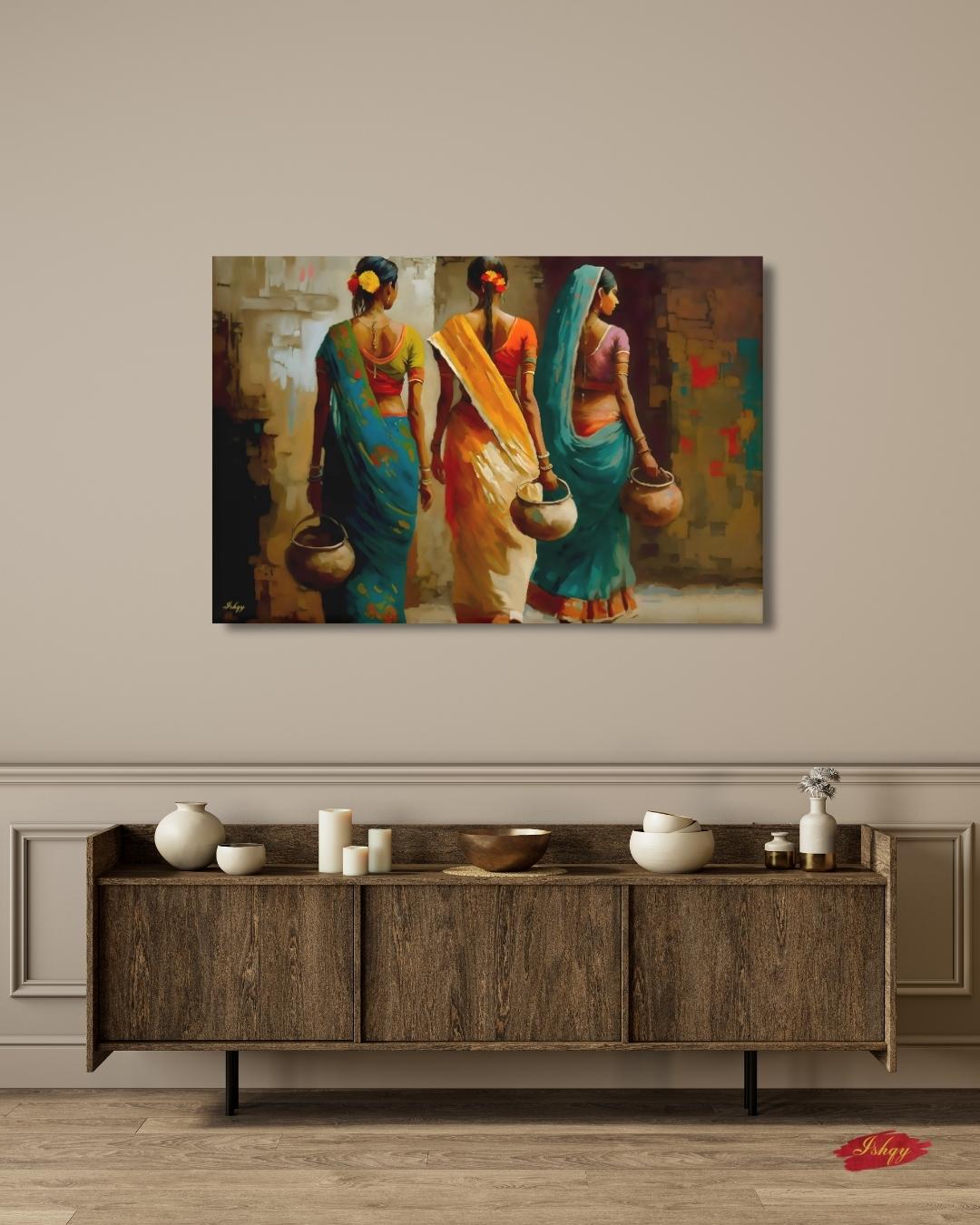 Indian Village Women Wall Art, Rural India Painting, Saree Women Canvas Art, Cultural Indian Home Decor, Traditional India Artwork