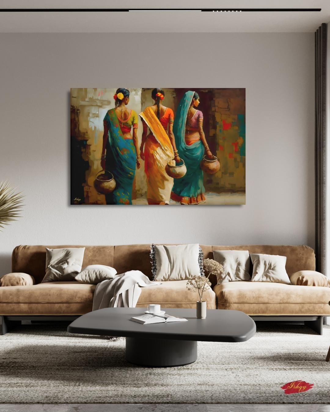 Indian Village Women Wall Art, Rural India Painting, Saree Women Canvas Art, Cultural Indian Home Decor, Traditional India Artwork