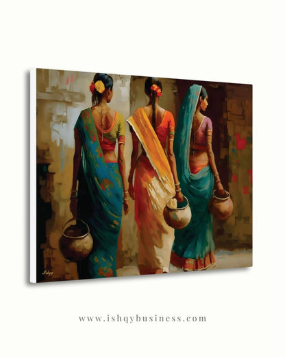 Indian Village Women Wall Art, Rural India Painting, Saree Women Canvas Art, Cultural Indian Home Decor, Traditional India Artwork