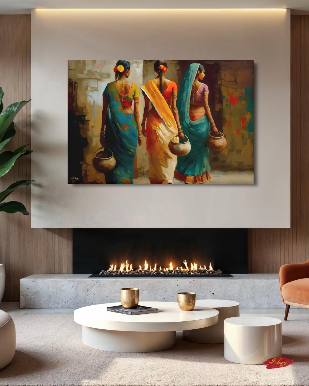 Indian Village Women Wall Art, Rural India Painting, Saree Women Canvas Art, Cultural Indian Home Decor, Traditional India Artwork