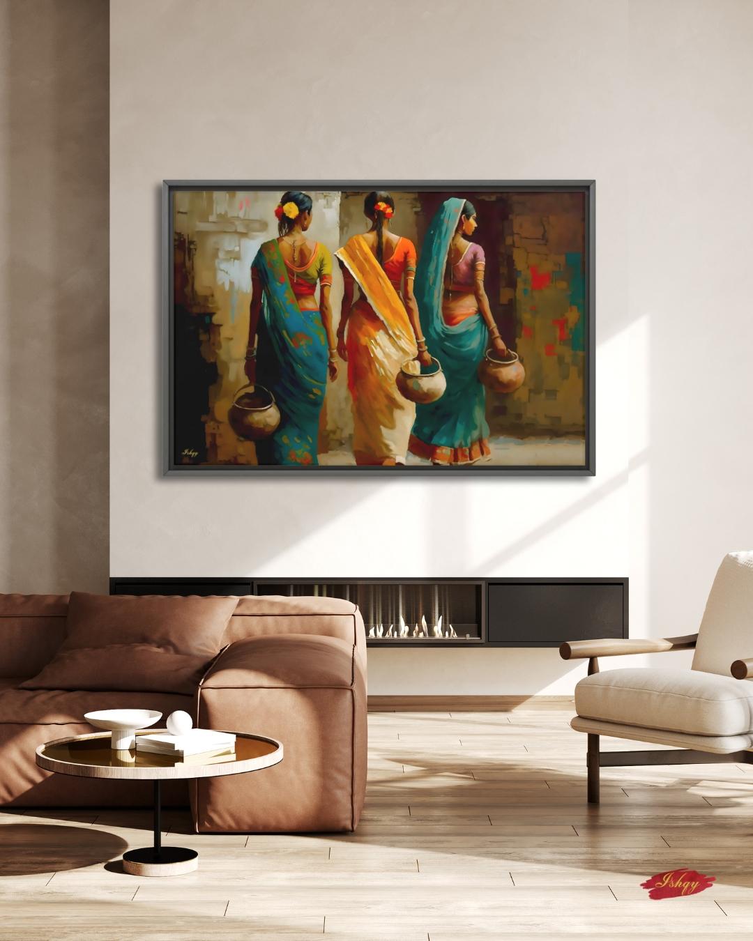 Indian Village Women Wall Art, Rural India Painting, Saree Women Canvas Art, Cultural Indian Home Decor, Traditional India Artwork