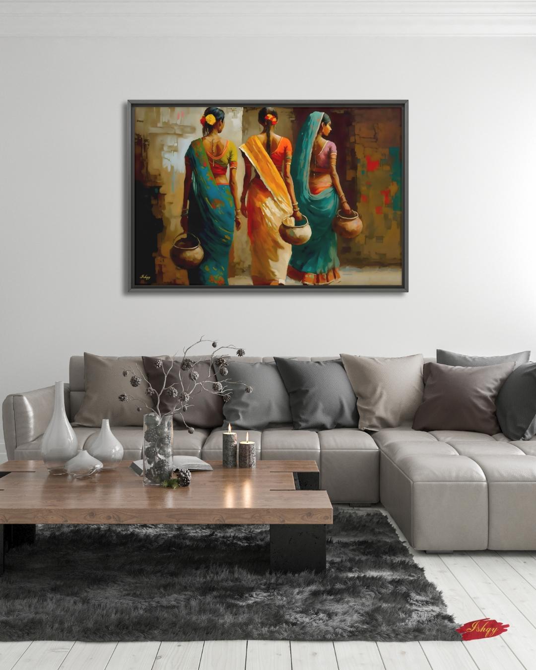 Indian Village Women Wall Art, Rural India Painting, Saree Women Canvas Art, Cultural Indian Home Decor, Traditional India Artwork