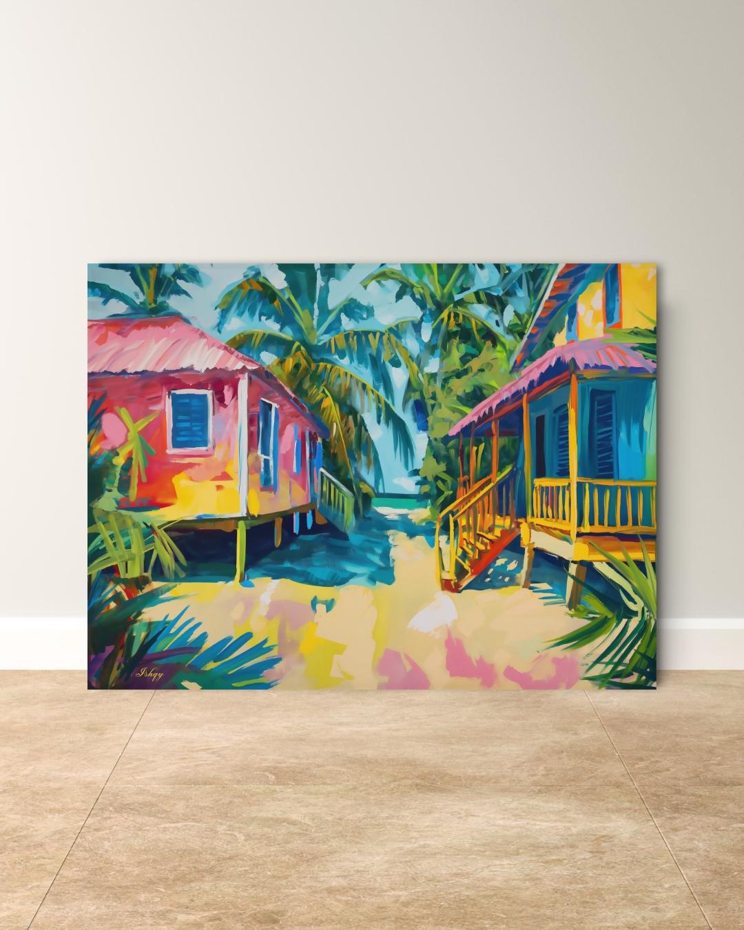 Placencia Beach Brazil Coastal Village Wall Art Print Canvas Framed Canvas Colorful Tropical Beach Houses Ocean Seaside Painting Home Decor