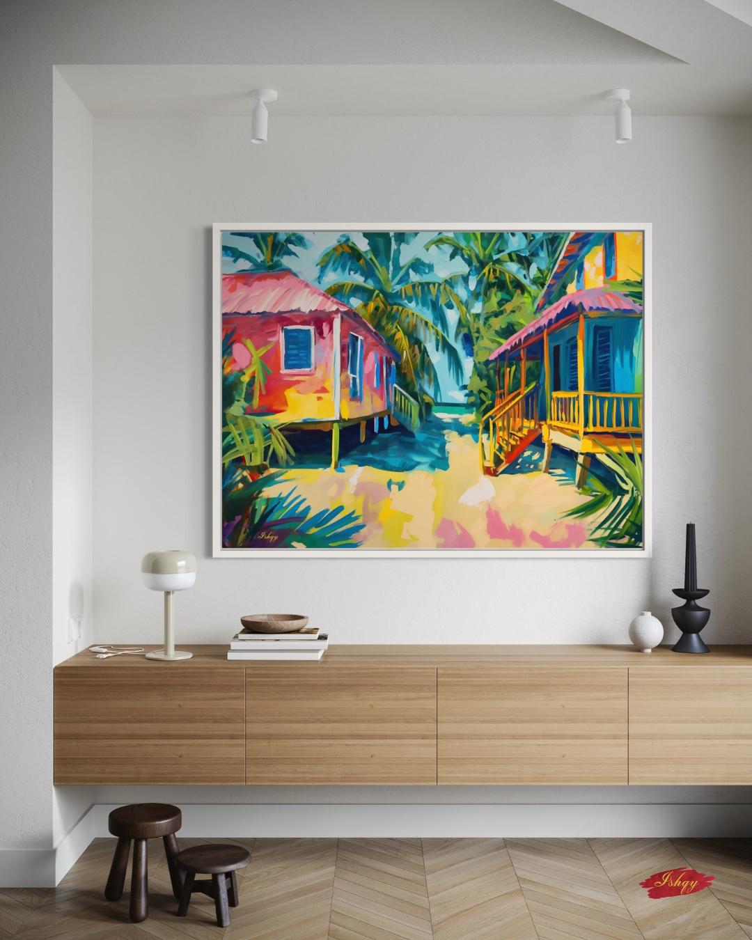 Placencia Beach Brazil Coastal Village Wall Art Print Canvas Framed Canvas Colorful Tropical Beach Houses Ocean Seaside Painting Home Decor