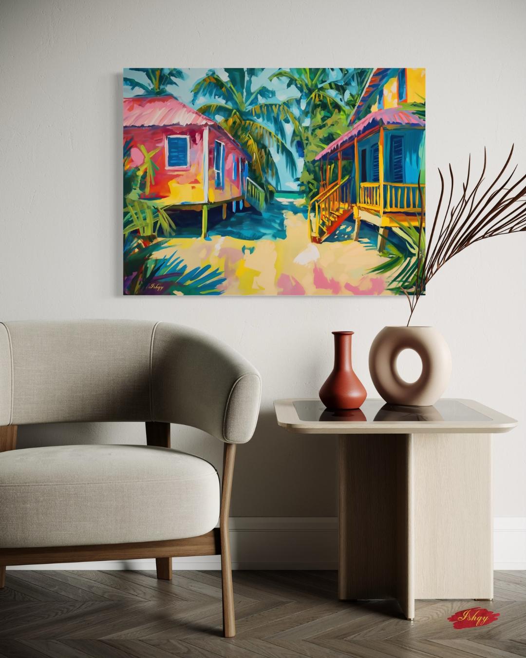 Placencia Beach Brazil Coastal Village Wall Art Print Canvas Framed Canvas Colorful Tropical Beach Houses Ocean Seaside Painting Home Decor