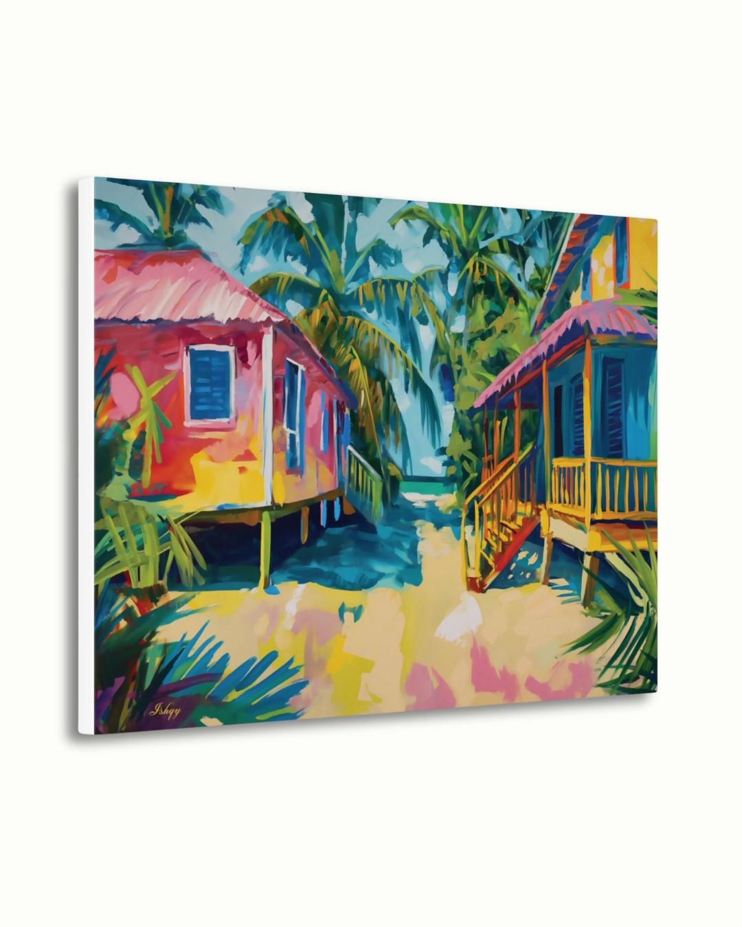 Placencia Beach Brazil Coastal Village Wall Art Print Canvas Framed Canvas Colorful Tropical Beach Houses Ocean Seaside Painting Home Decor