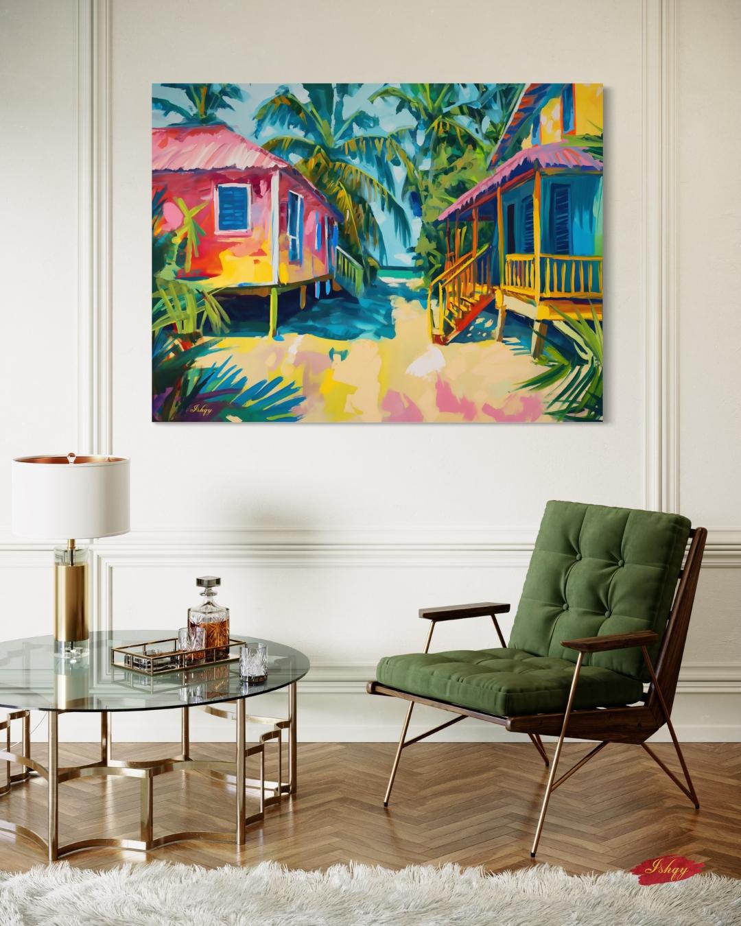 Placencia Beach Brazil Coastal Village Wall Art Print Canvas Framed Canvas Colorful Tropical Beach Houses Ocean Seaside Painting Home Decor