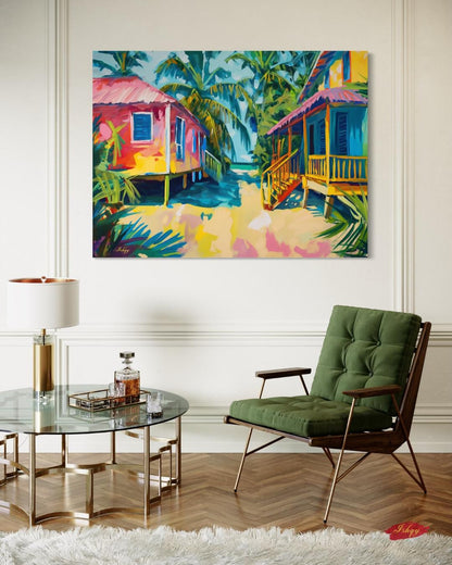 Placencia Beach Brazil Coastal Village Wall Art Print Canvas Framed Canvas Colorful Tropical Beach Houses Ocean Seaside Painting Home Decor
