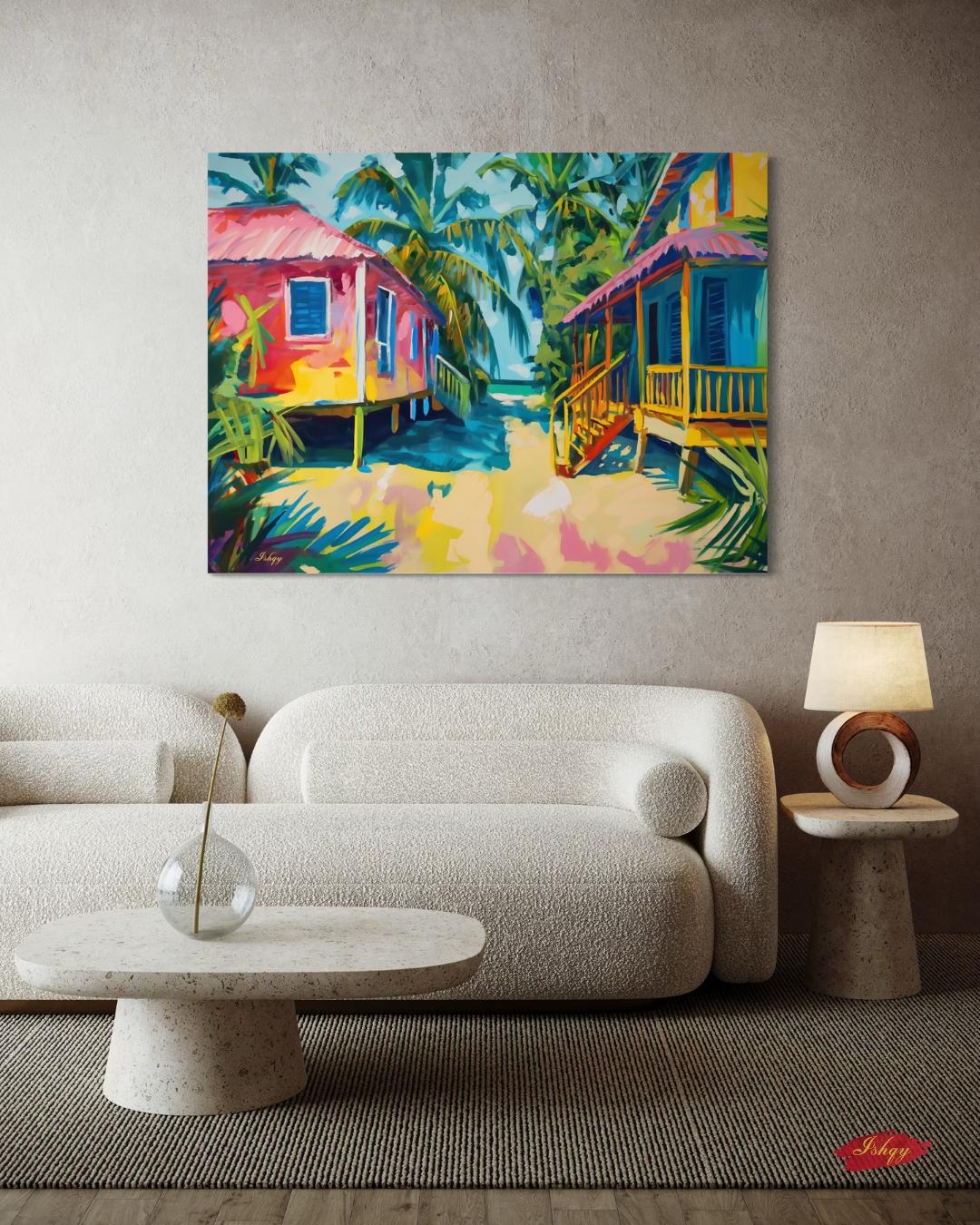 Placencia Beach Brazil Coastal Village Wall Art Print Canvas Framed Canvas Colorful Tropical Beach Houses Ocean Seaside Painting Home Decor
