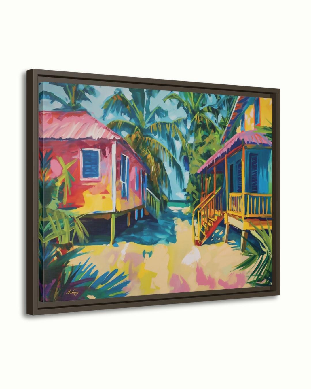Placencia Beach Brazil Coastal Village Wall Art Print Canvas Framed Canvas Colorful Tropical Beach Houses Ocean Seaside Painting Home Decor