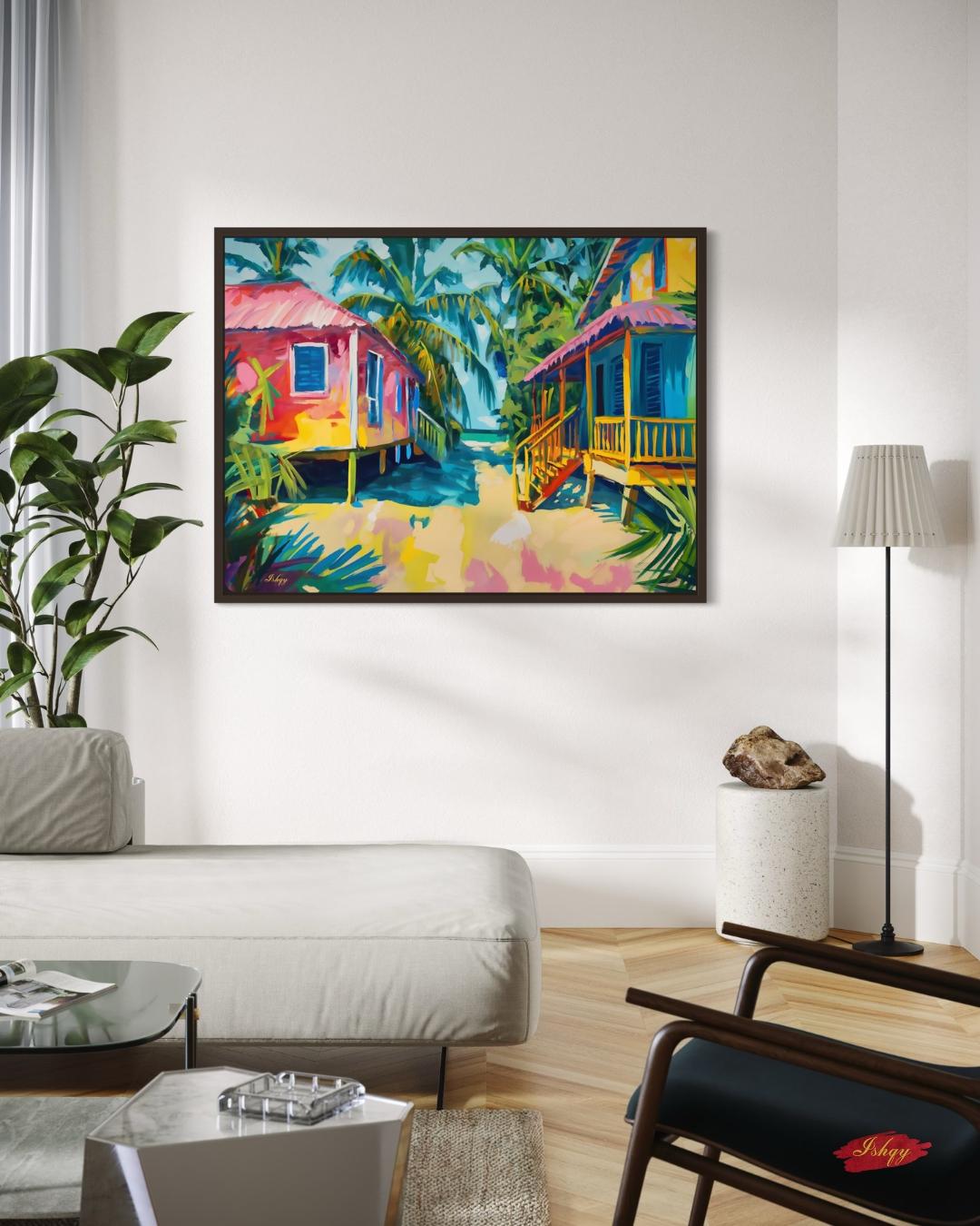 Placencia Beach Brazil Coastal Village Wall Art Print Canvas Framed Canvas Colorful Tropical Beach Houses Ocean Seaside Painting Home Decor