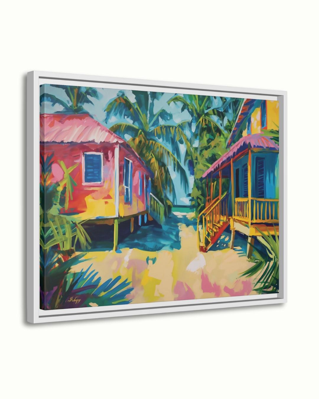 Placencia Beach Brazil Coastal Village Wall Art Print Canvas Framed Canvas Colorful Tropical Beach Houses Ocean Seaside Painting Home Decor