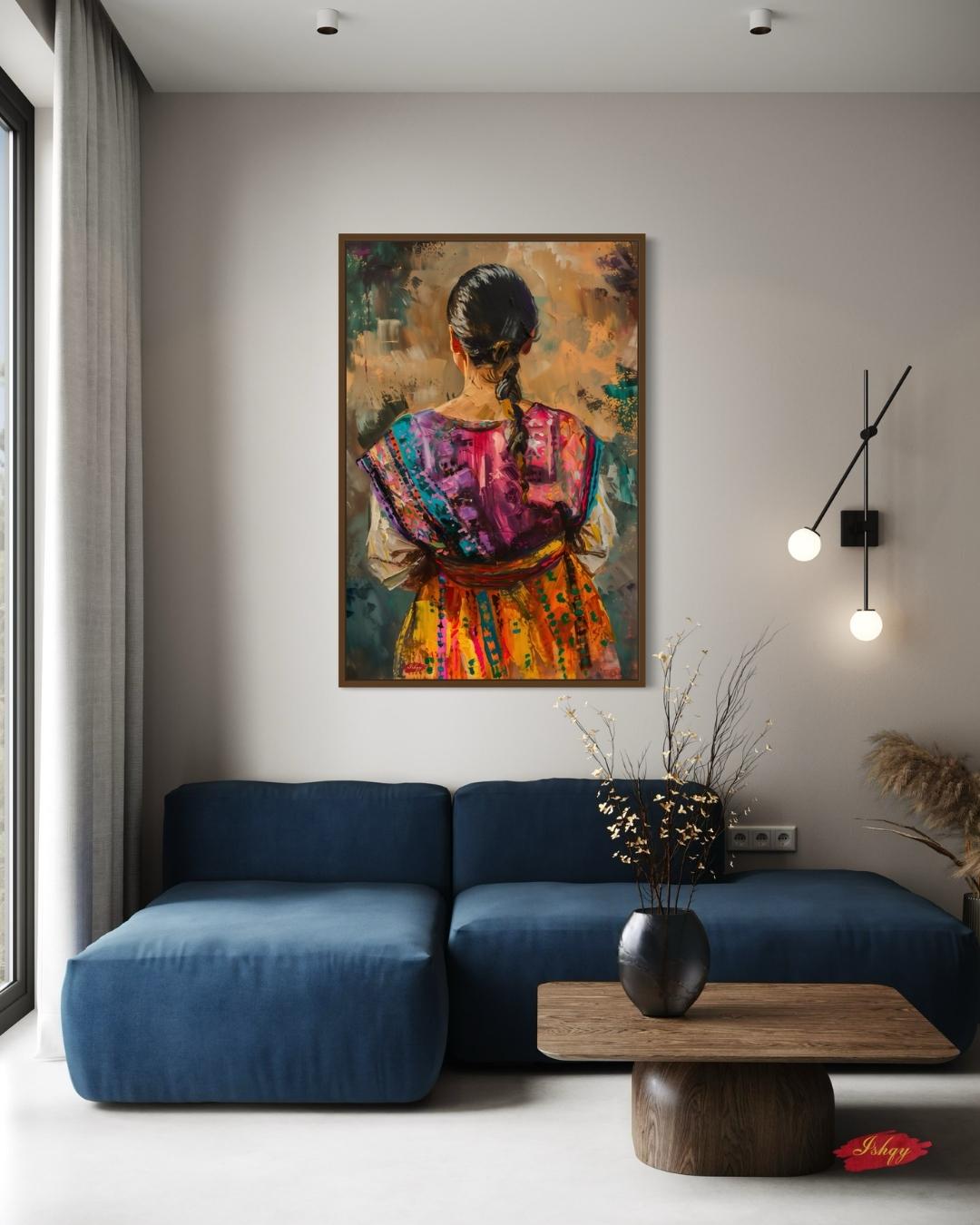 Guatemalan Woman Traditional Textile Wall Art Print, Canvas, Framed Canvas, Mayan Huipil Folk Art, Colorful Boho Bedroom Living Room Decor