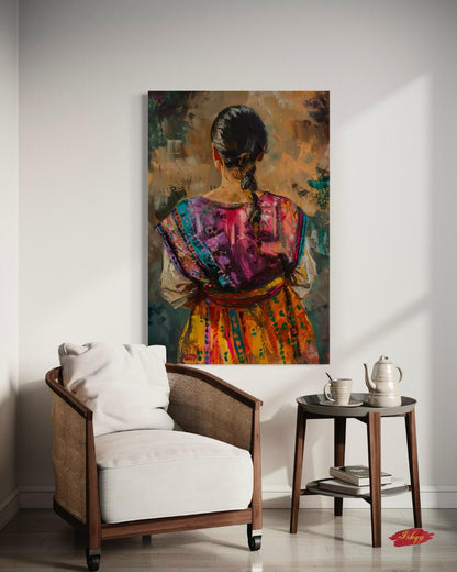 Guatemalan Woman Traditional Textile Wall Art Print, Canvas, Framed Canvas, Mayan Huipil Folk Art, Colorful Boho Bedroom Living Room Decor
